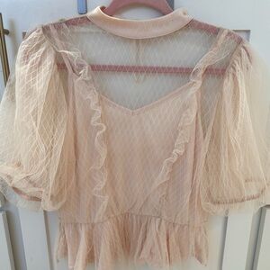 Lavish Sheer Puff Sleeve Peplum Ruffle Top Size L